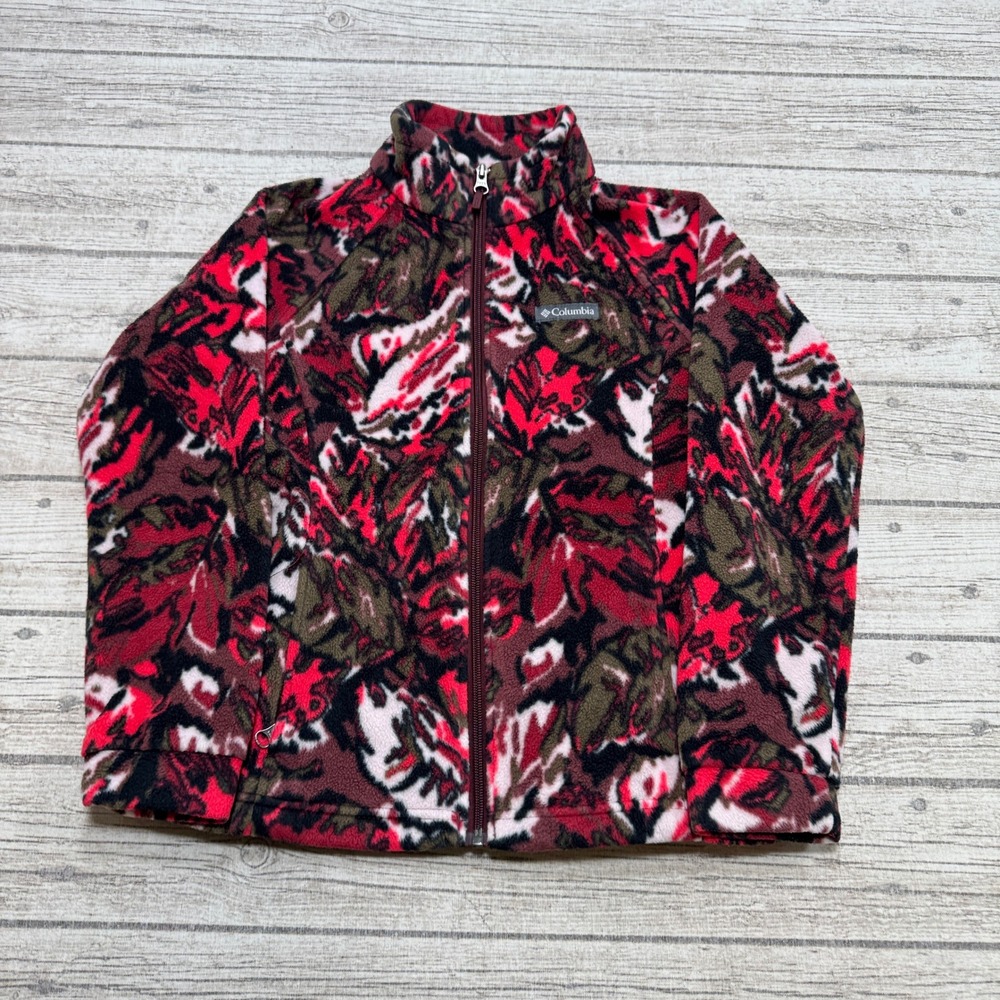 Columbia Jacket Girl's Medium Red Olive Green Leaf Fleece Lined Mockneck Outdoor